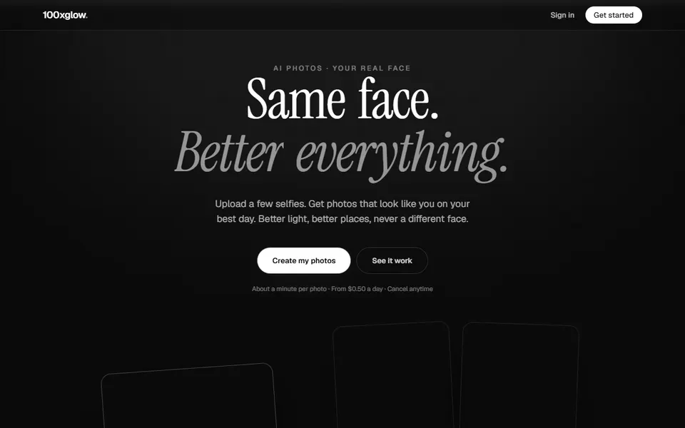100xglow homepage (screenshot)