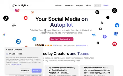 AdaptlyPost homepage (screenshot)