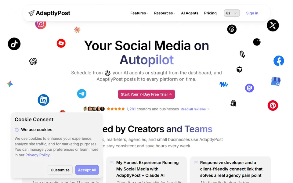 AdaptlyPost homepage (screenshot)