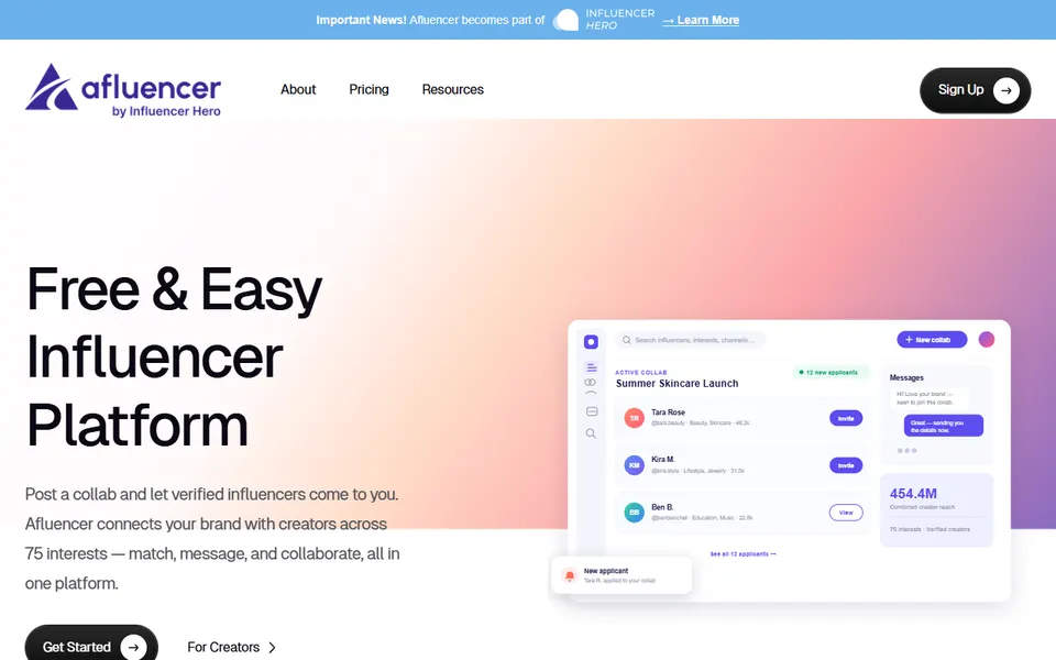 Afluencer homepage (screenshot)
