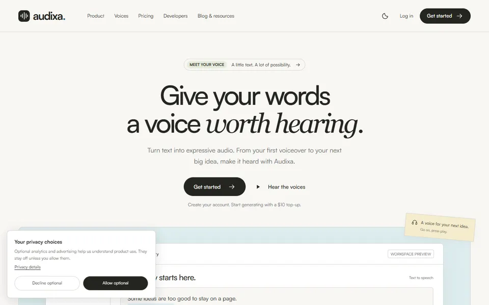 Audixa AI homepage (screenshot)