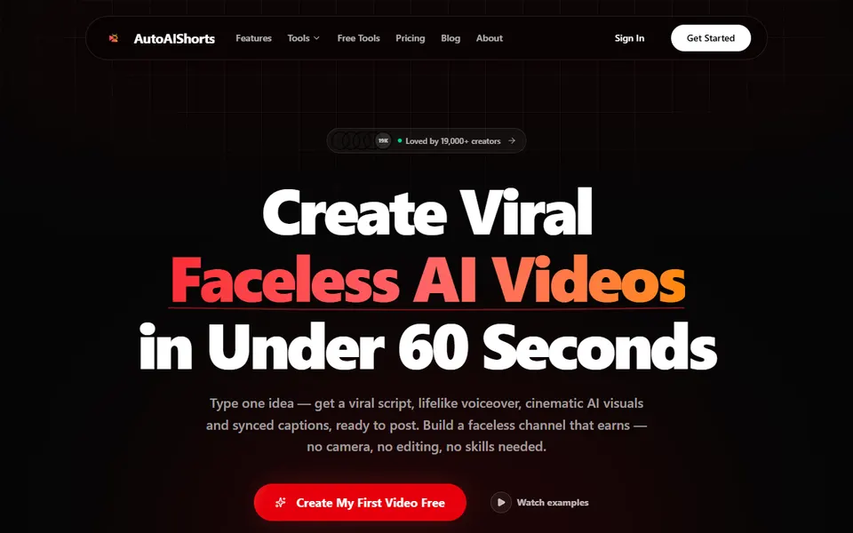 AutoAIShorts homepage (screenshot)
