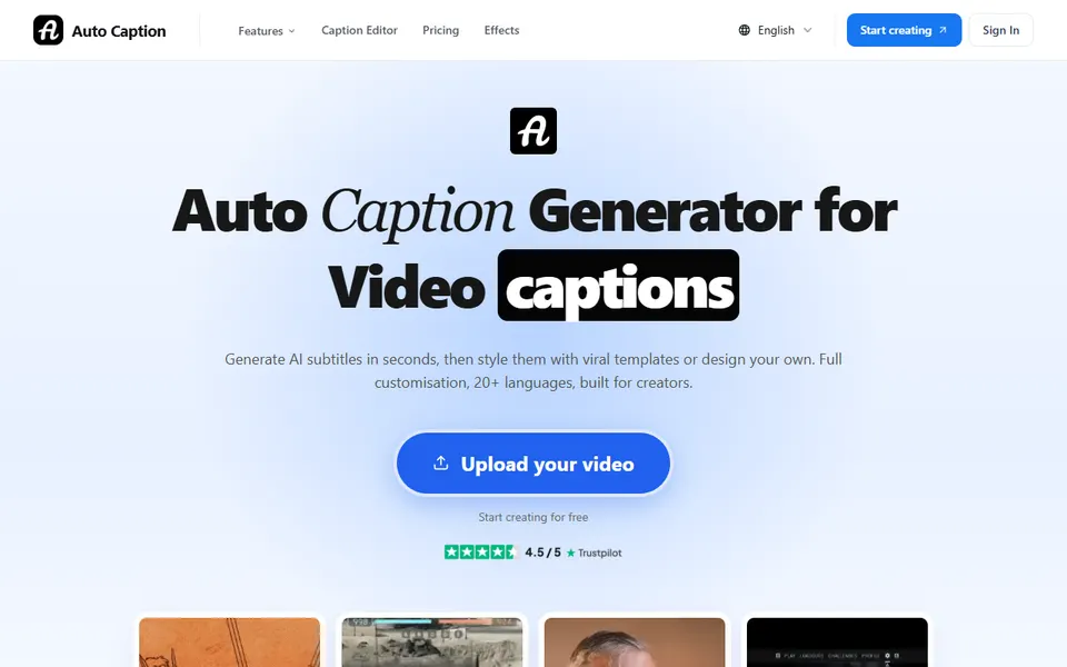 AutoCaptioner homepage (screenshot)