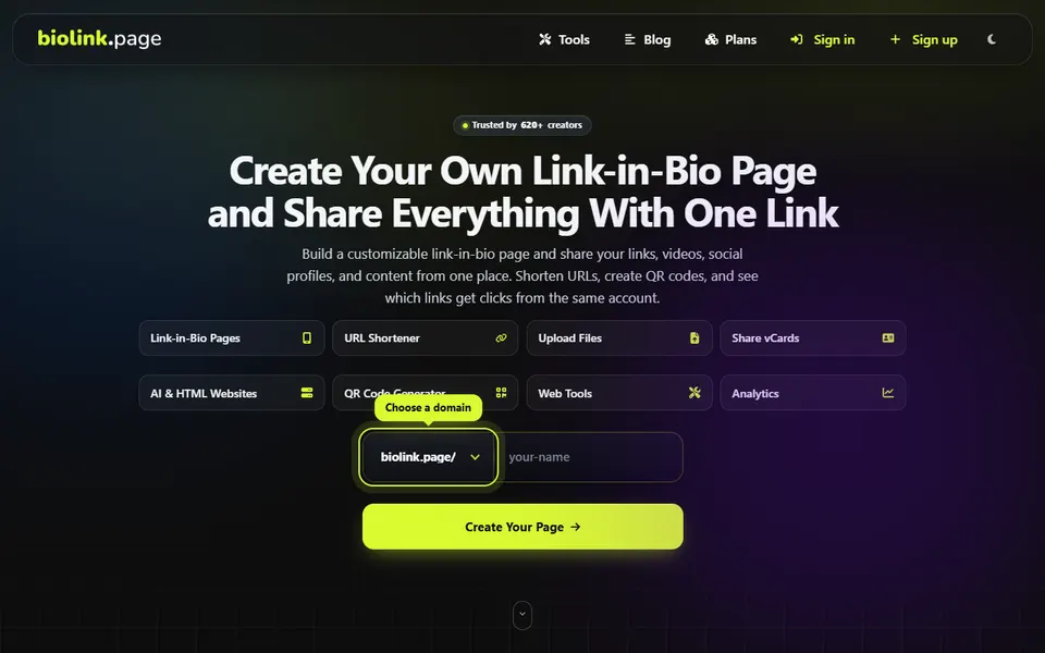 biolink.page homepage (screenshot)