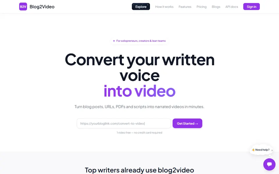 Blog2Video homepage (screenshot)