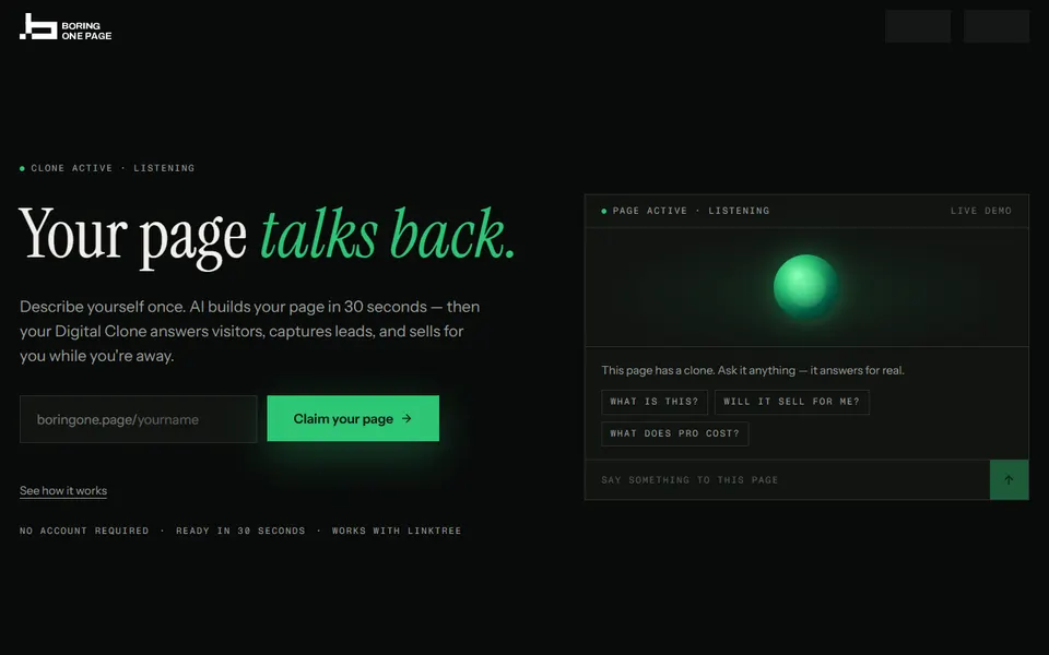 BoringOnePage homepage (screenshot)