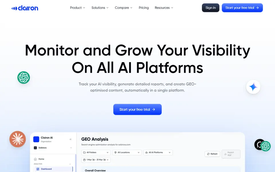 Clairon AI homepage (screenshot)