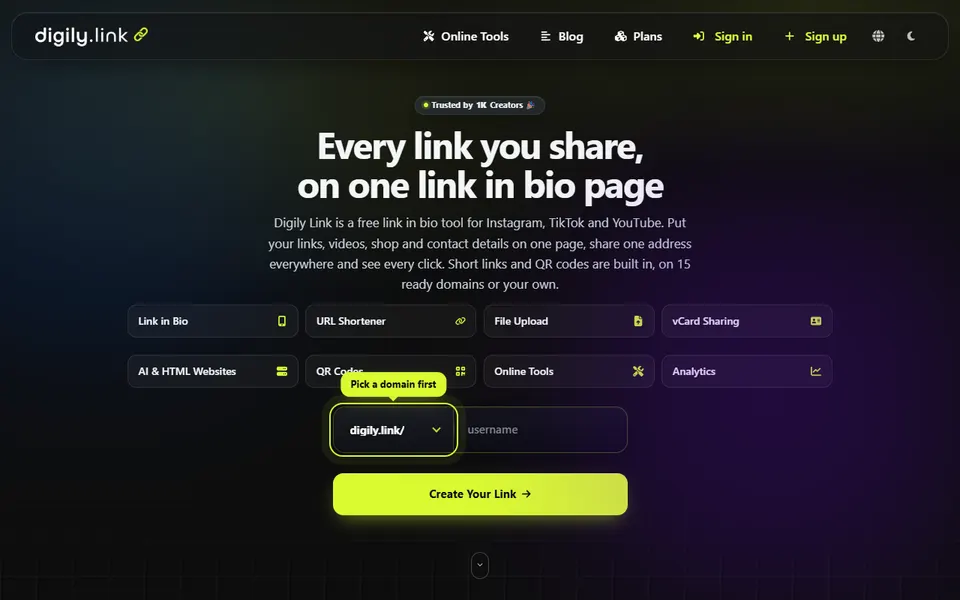 Digily Link homepage (screenshot)