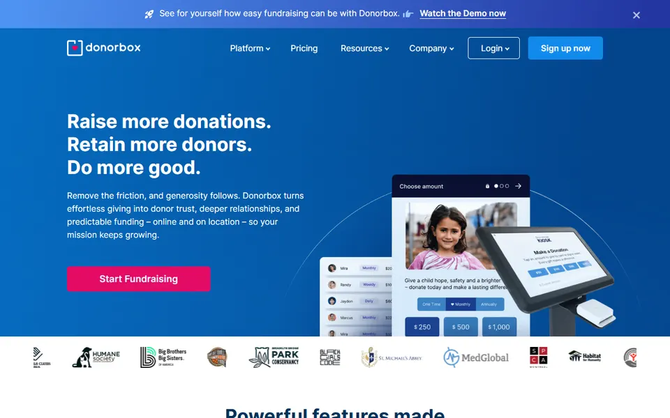 Donorbox homepage (screenshot)