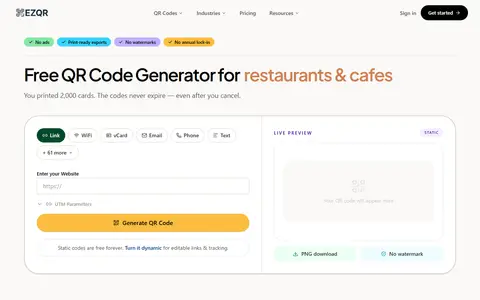 EZQR homepage (screenshot)