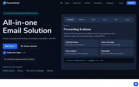 forwardemail.net homepage (screenshot)