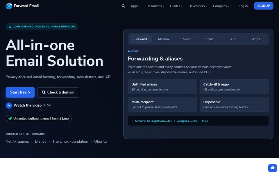 forwardemail.net homepage (screenshot)
