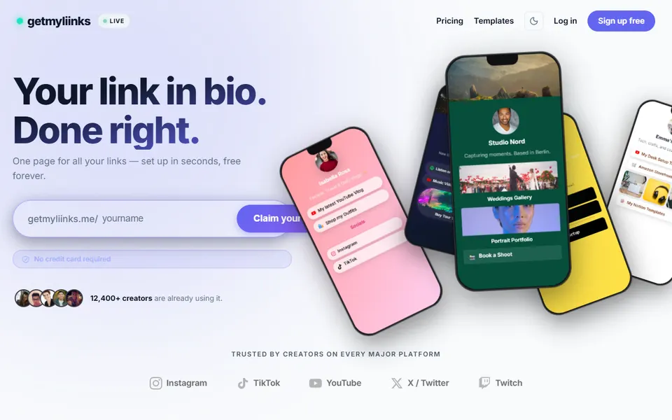getmyliinks homepage (screenshot)