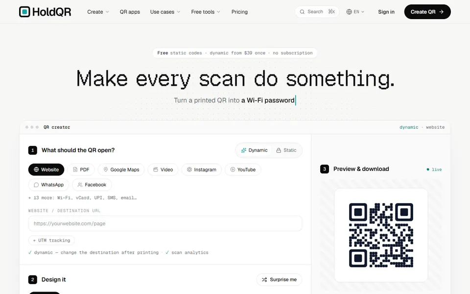 HoldQR homepage (screenshot)