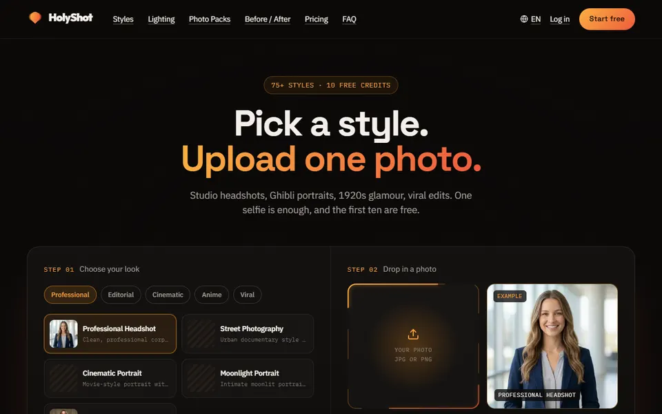 HolyShot.ai homepage (screenshot)