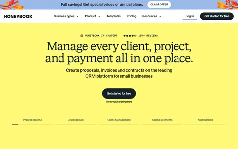 HoneyBook homepage (screenshot)