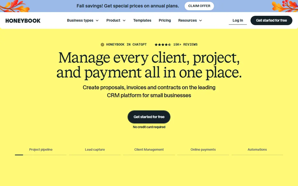HoneyBook homepage (screenshot)