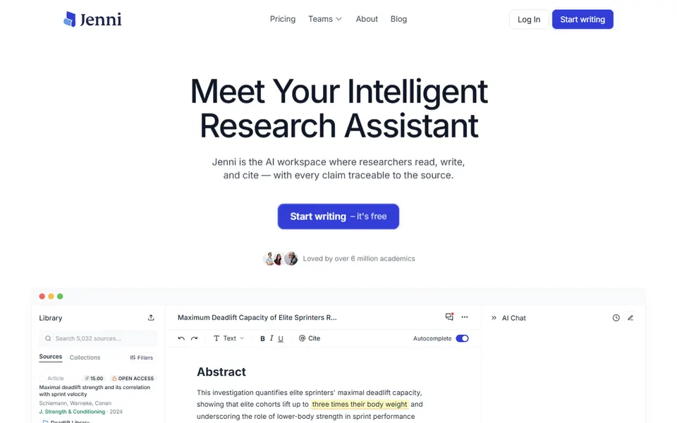 Jenni AI homepage (screenshot)