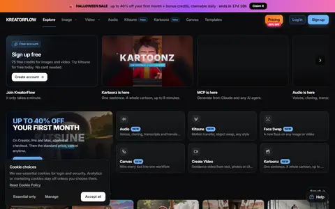 KreatorFlow AI homepage (screenshot)