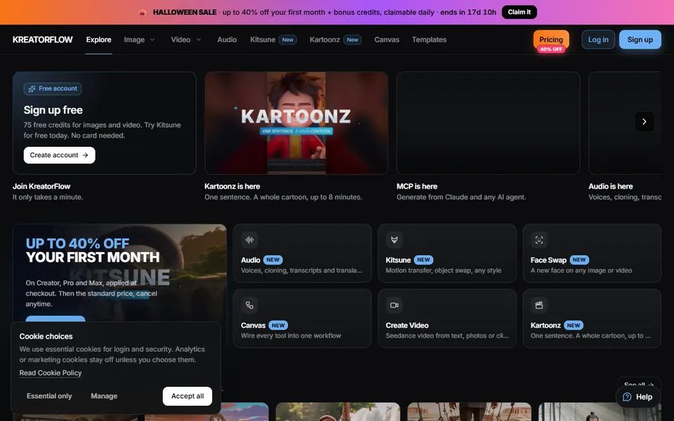 KreatorFlow AI homepage (screenshot)