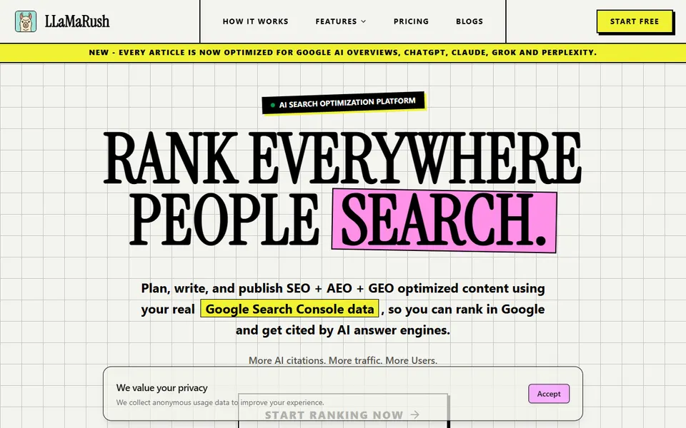 LLaMaRush homepage (screenshot)