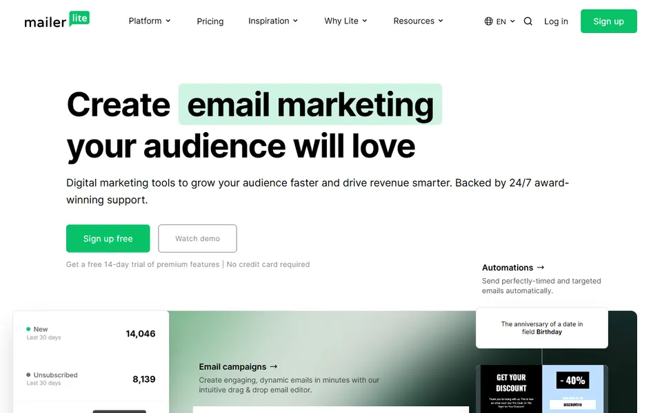 MailerLite homepage (screenshot)