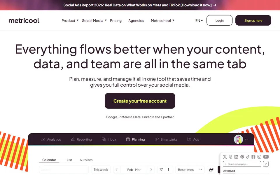 Metricool homepage (screenshot)
