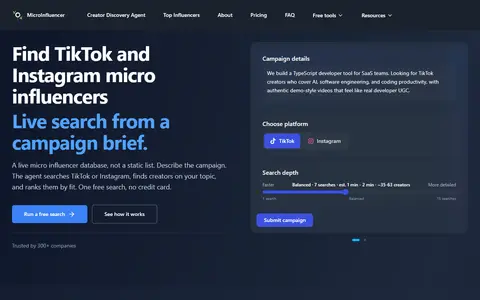 Microinfluencer homepage (screenshot)