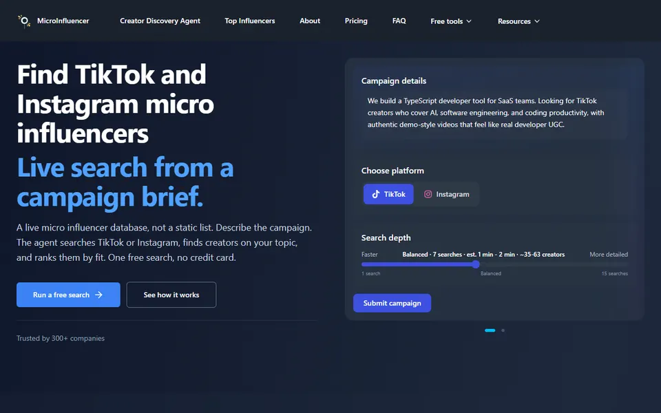 Microinfluencer homepage (screenshot)