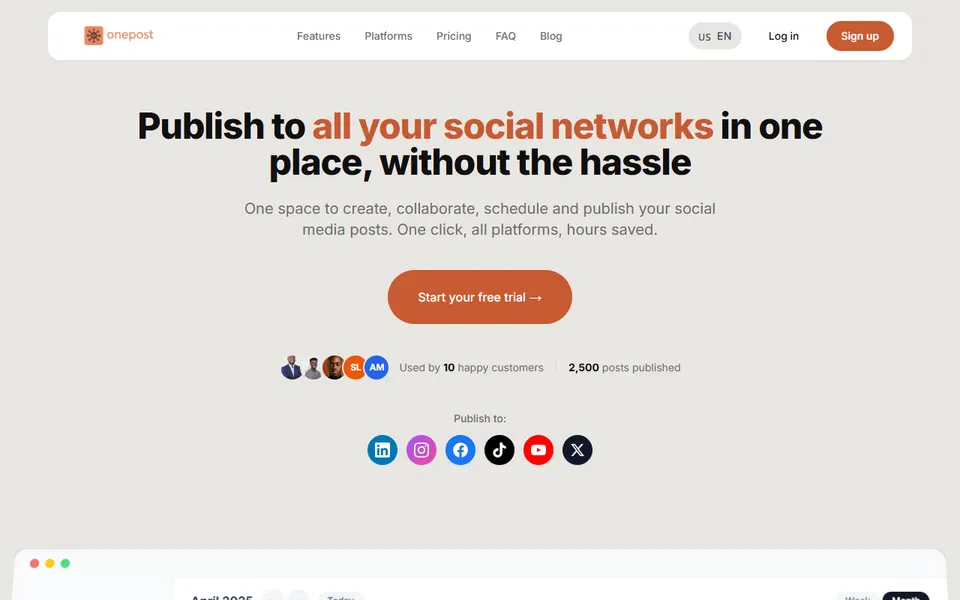 Onepost homepage (screenshot)