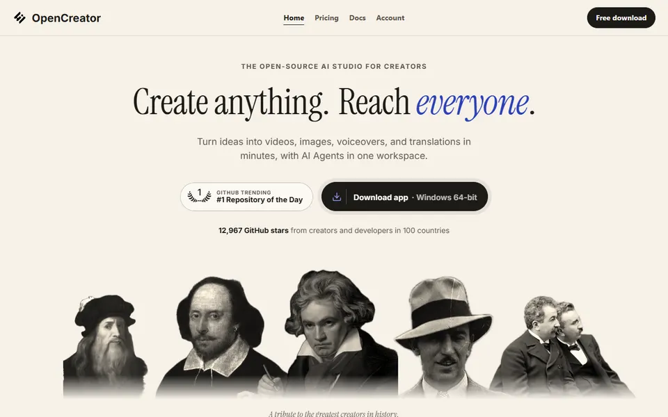 OpenCreator homepage (screenshot)