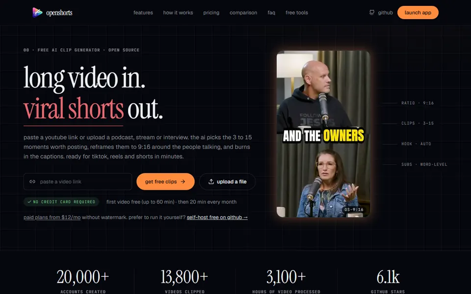 OpenShorts homepage (screenshot)