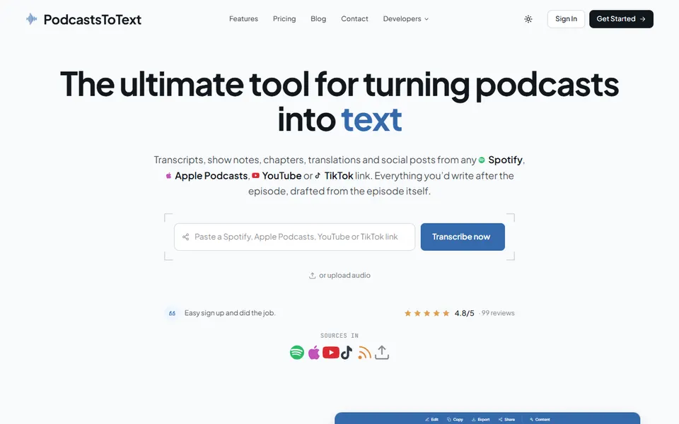Podcasts To Text homepage (screenshot)