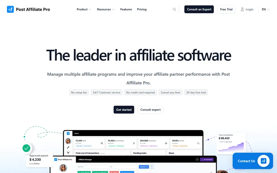 Post Affiliate Pro homepage (screenshot)