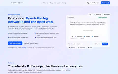 PostBroadcaster homepage (screenshot)