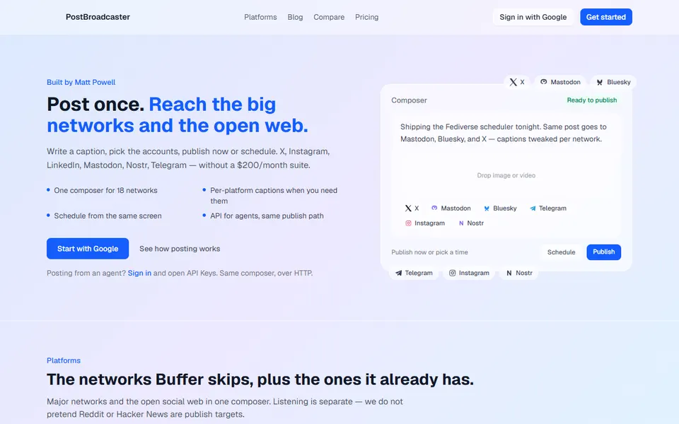 PostBroadcaster homepage (screenshot)