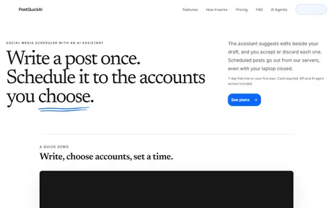 PostQuickAI homepage (screenshot)