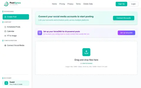 PostSyncs homepage (screenshot)