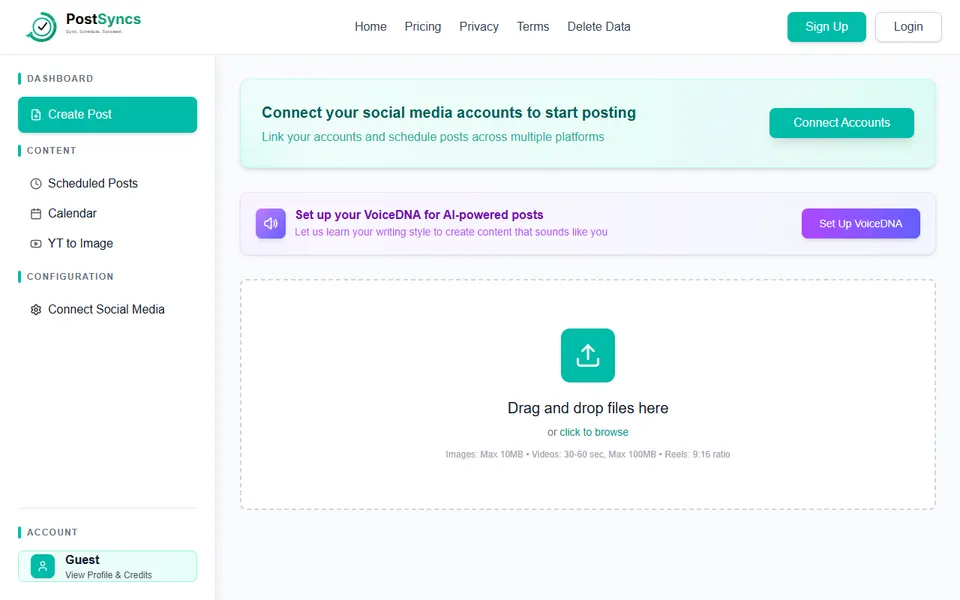 PostSyncs homepage (screenshot)