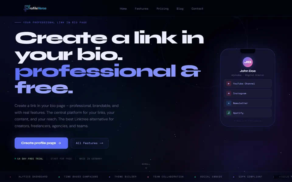 ProfileVerse homepage (screenshot)