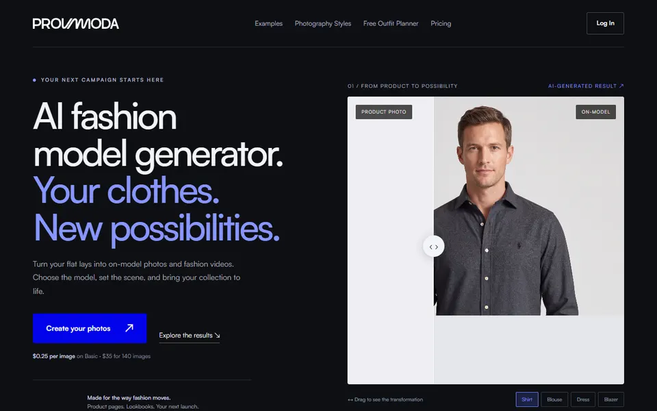 Provamoda AI homepage (screenshot)
