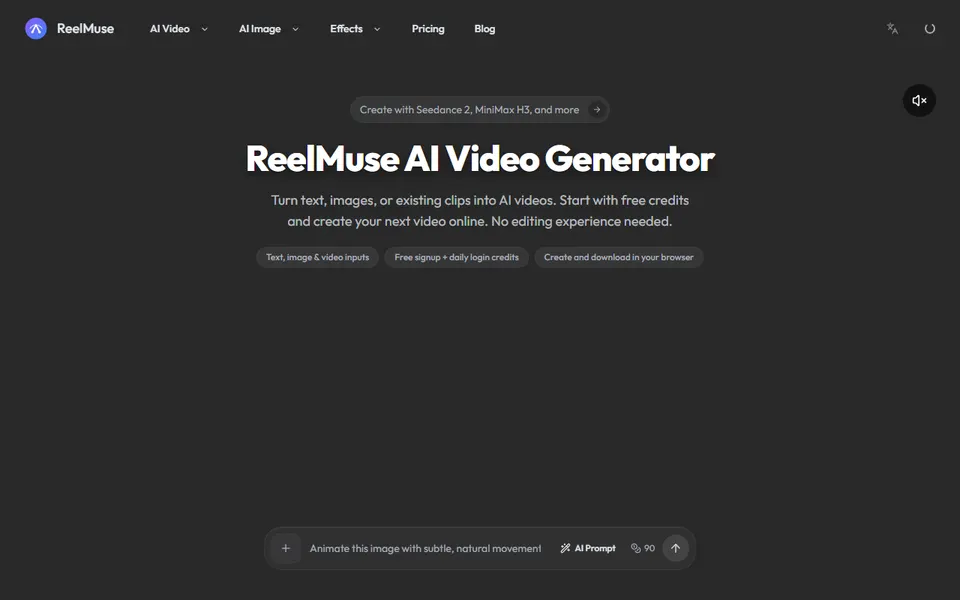 ReelMuse homepage (screenshot)