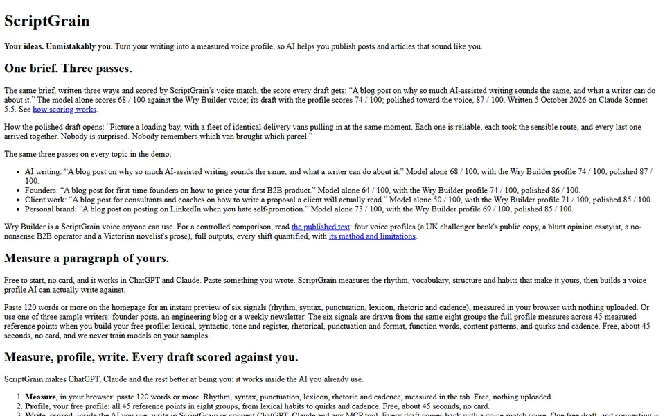 ScriptGrain homepage (screenshot)