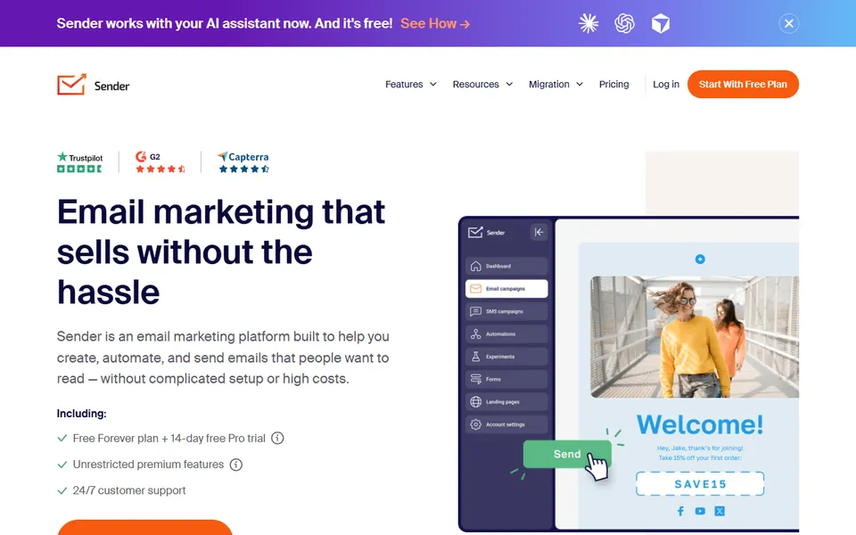 Sender homepage (screenshot)