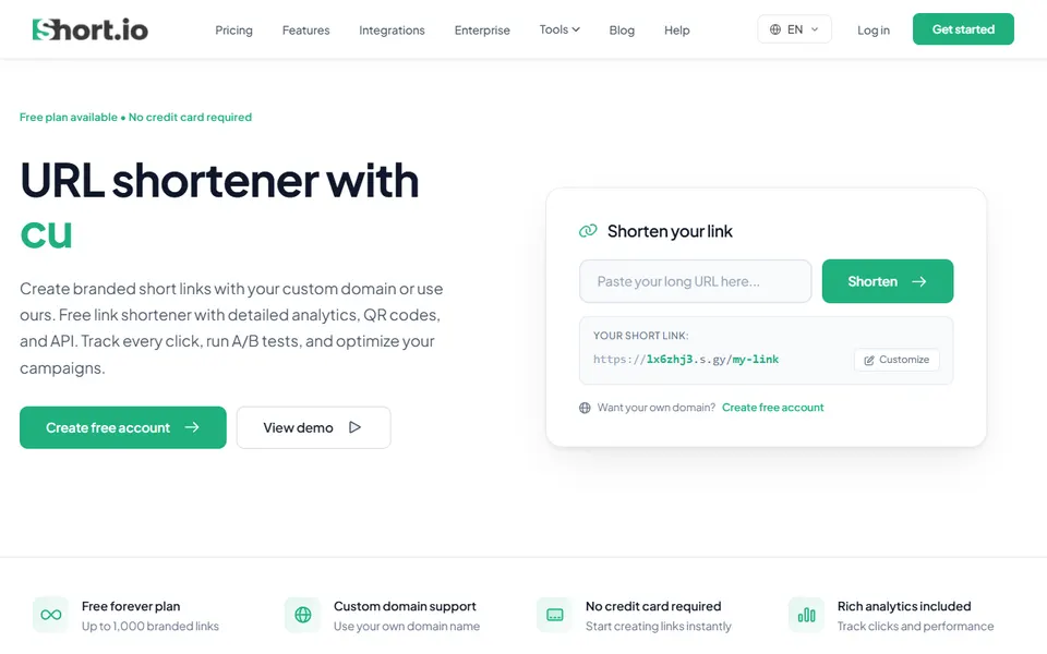 Short.io homepage (screenshot)