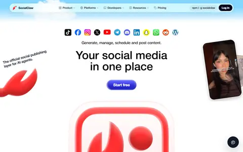 SocialClaw homepage (screenshot)