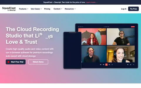 Squadcast homepage (screenshot)