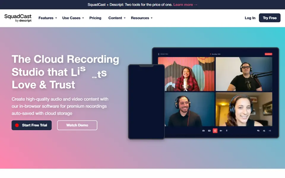 Squadcast homepage (screenshot)