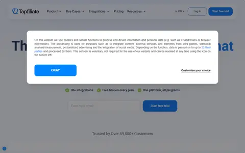 Tapfiliate homepage (screenshot)