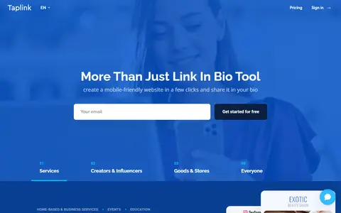 Taplink homepage (screenshot)